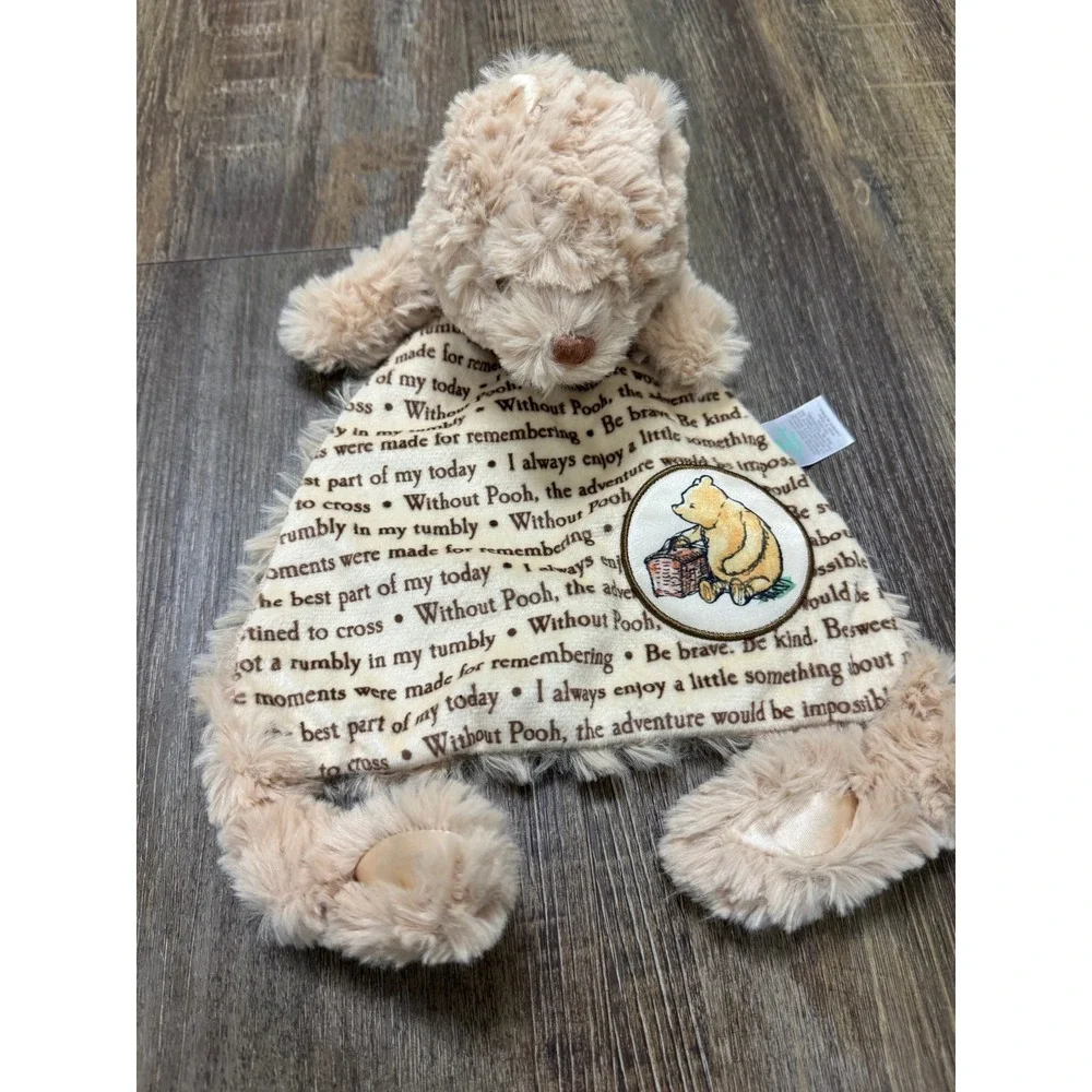 Disney Winnie the Pooh Baby Security Blanket Lovey Tan Script Quotes Plush Bear‎